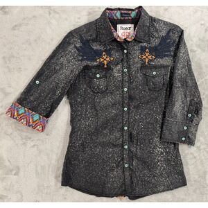 Roar Cowgirl Shirt Womens L Y2K Fly Away Western Whimsigoth Flip Cuff 3/4 Sleeve
